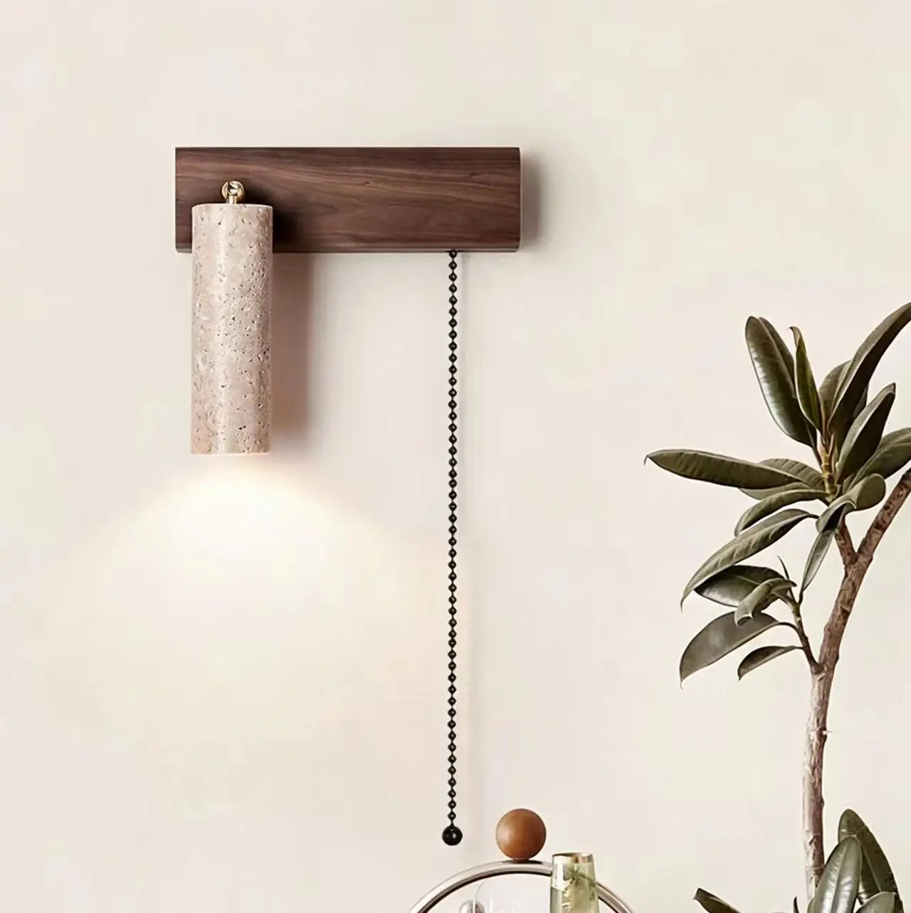 Wabi Sabi Wood Base Pull Chain Travertine Rotatable Cylinder Wall Sconce WB2036 2