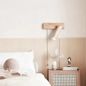 Wabi Sabi Wood Base Pull Chain Travertine Rotatable Cylinder Wall Sconce WB2036 3