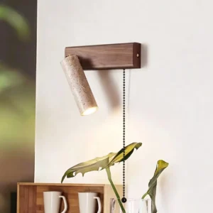 Wabi Sabi Wood Base Pull Chain Travertine Rotatable Cylinder Wall Sconce WB2036 4