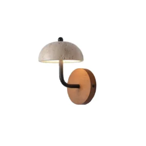 Wood Base Mushroom Travertine Dome Curved Arm Minimalist Wall Sconce WB2056 1