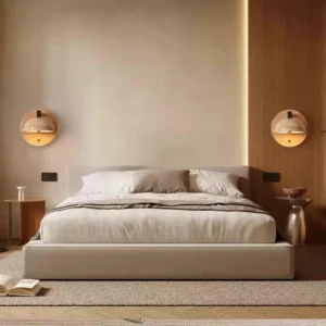 Wood Base Mushroom Travertine Dome Curved Arm Minimalist Wall Sconce WB2056 2