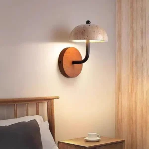 Wood Base Mushroom Travertine Dome Curved Arm Minimalist Wall Sconce WB2056 3