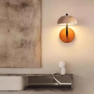 Wood Base Mushroom Travertine Dome Curved Arm Minimalist Wall Sconce WB2056 4