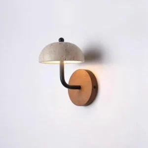 Wood Base Mushroom Travertine Dome Curved Arm Minimalist Wall Sconce WB2056 5