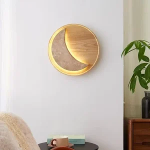 Eclipse Crescent Travertine Solid Wood Round Base Minimalist Wall Sconce WB2053 4