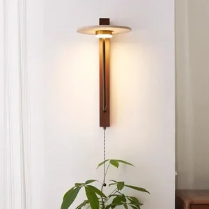 Vertical Wood Base Travertine Disc Pull Chain Curved Arm Wall Sconce WB2057 4