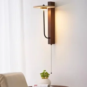 Vertical Wood Base Travertine Disc Pull Chain Curved Arm Wall Sconce WB2057 1
