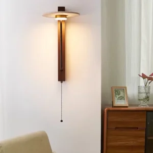 Vertical Wood Base Travertine Disc Pull Chain Curved Arm Wall Sconce WB2057 3