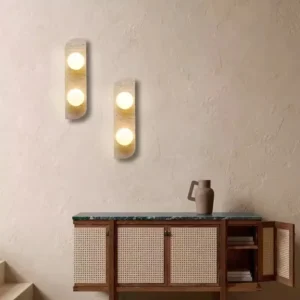 Minimalist Vertical Natural Travertine Rounded Opal Glass Wall Sconce WB2055 4