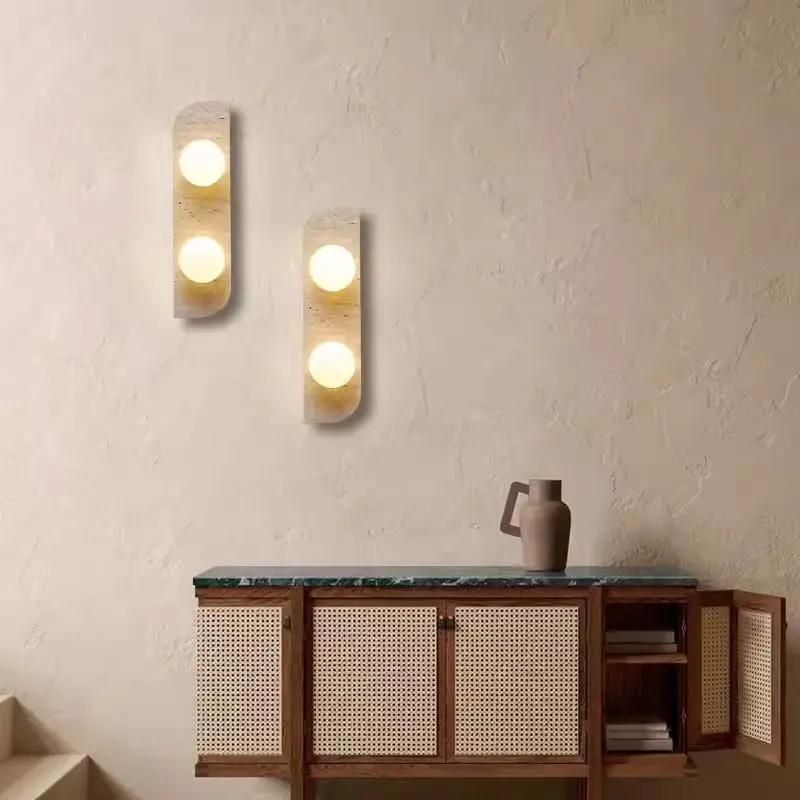 Minimalist Vertical Natural Travertine Rounded Opal Glass Wall Sconce WB2055 4