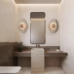 Minimalist Teardrop Travertine Inlaid Wood Globe Wall Sconce WB2049 1