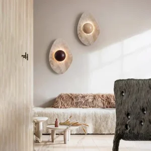 Minimalist Teardrop Travertine Inlaid Wood Globe Wall Sconce WB2049 2