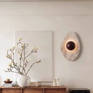 Minimalist Teardrop Travertine Inlaid Wood Globe Wall Sconce WB2049 4