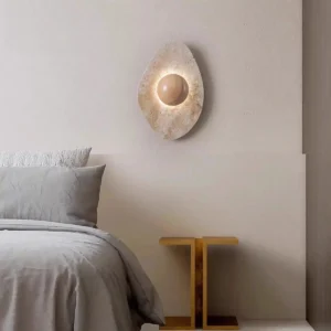 Minimalist Teardrop Travertine Inlaid Wood Globe Wall Sconce WB2049 3