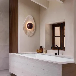 Minimalist Teardrop Travertine Inlaid Wood Globe Wall Sconce WB2049 5