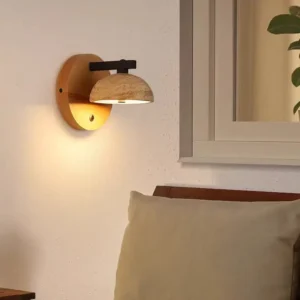 Wabi Sabi Half Moon Wood Backplated Travertine Dome Wall Sconce WB2048 1