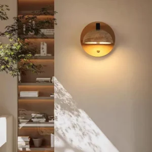 Wabi Sabi Half Moon Wood Backplated Travertine Dome Wall Sconce WB2048 3