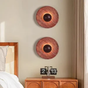 Minimalist Round Wood & Red Travertine Wall Lamp for Bedroom Entryway WB2047 2