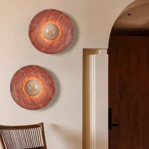 Minimalist Round Wood & Red Travertine Wall Lamp for Bedroom Entryway WB2047 3