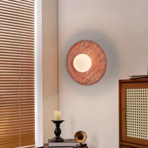 Minimalist Round Wood & Red Travertine Wall Lamp for Bedroom Entryway WB2047 4
