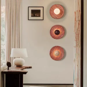 Minimalist Round Wood & Red Travertine Wall Lamp for Bedroom Entryway WB2047 5