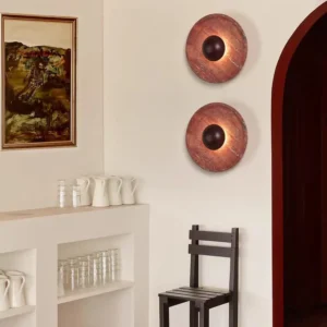 Minimalist Round Wood & Red Travertine Wall Lamp for Bedroom Entryway WB2047 6