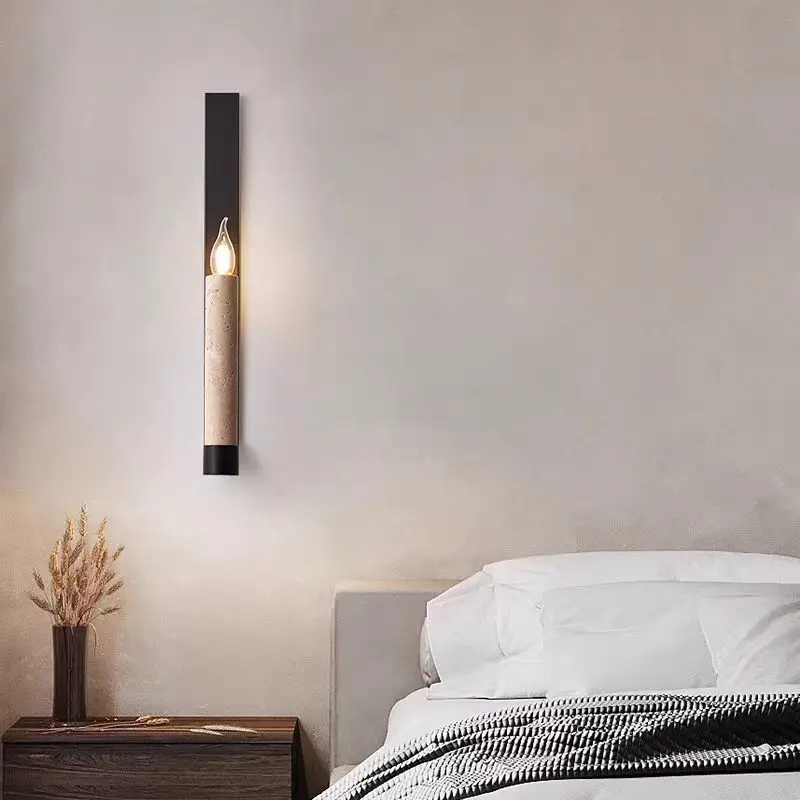 L-Shape Black Metal Travertine Vertical Candle Tube Minimalist Wall Sconce WB2042 1