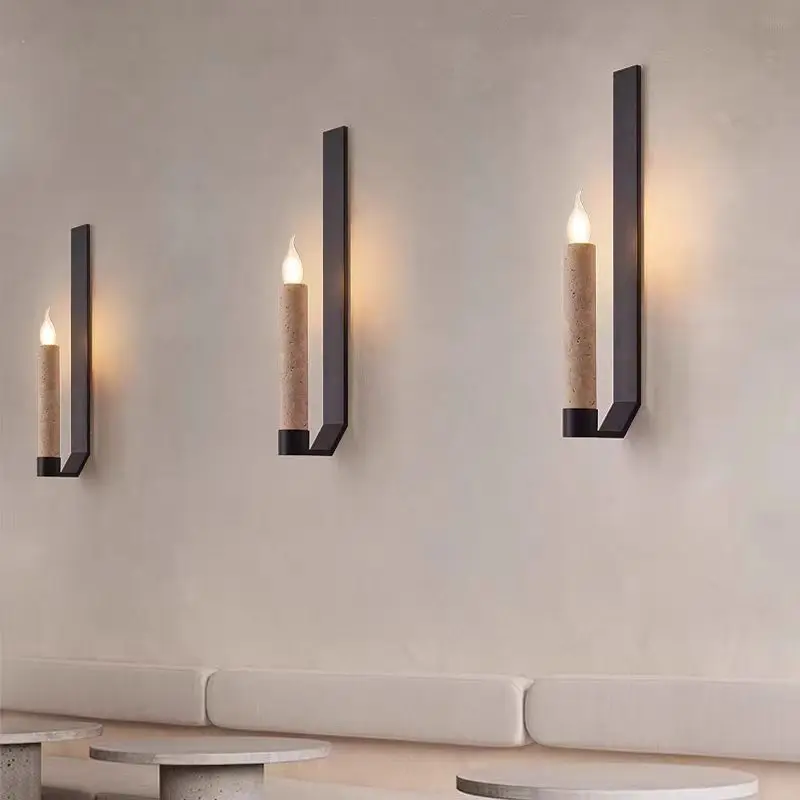 L-Shape Black Metal Travertine Vertical Candle Tube Minimalist Wall Sconce WB2042 2