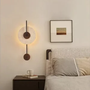 Vertical Black Rod Layered Travertine & Dual Wood Disc Minimalist Wall Sconce WB2043 1