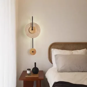 Vertical Black Rod Layered Travertine & Dual Wood Disc Minimalist Wall Sconce WB2043 2