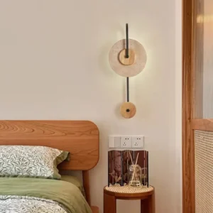 Vertical Black Rod Layered Travertine & Dual Wood Disc Minimalist Wall Sconce WB2043 3