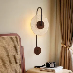 Vertical Black Rod Layered Travertine & Dual Wood Disc Minimalist Wall Sconce WB2043 4