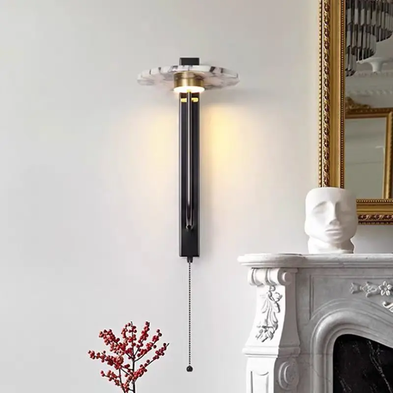 Mid Century Pull Chain Marble Disc Wall Sconce for Hotel Bedside Entryway WC3011 2