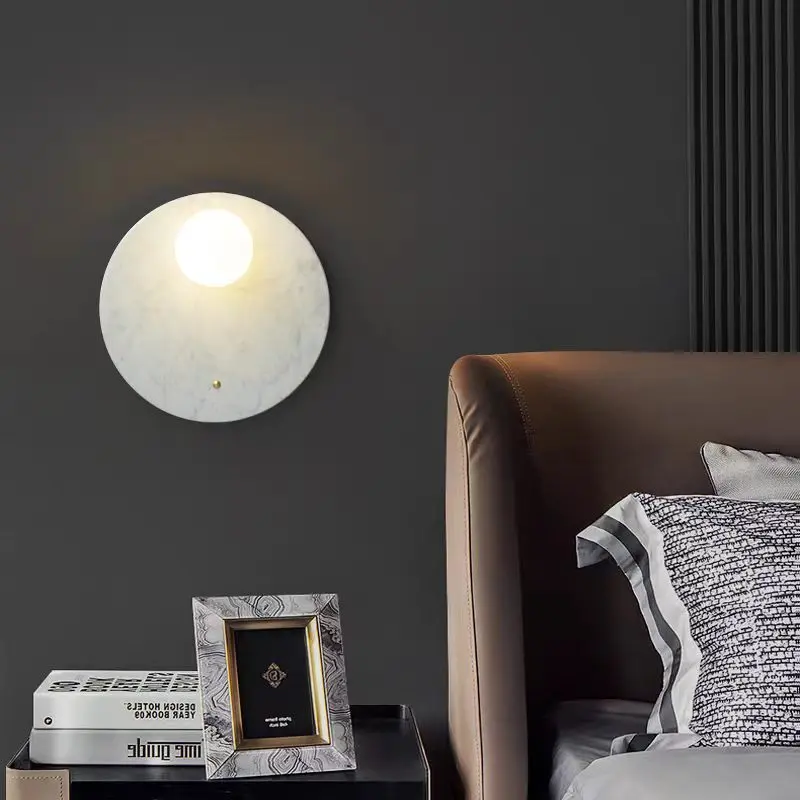 Minimalist Round Natural Marble & Glass Wall Sconce for Villa Hotel Corridor WC3019 1