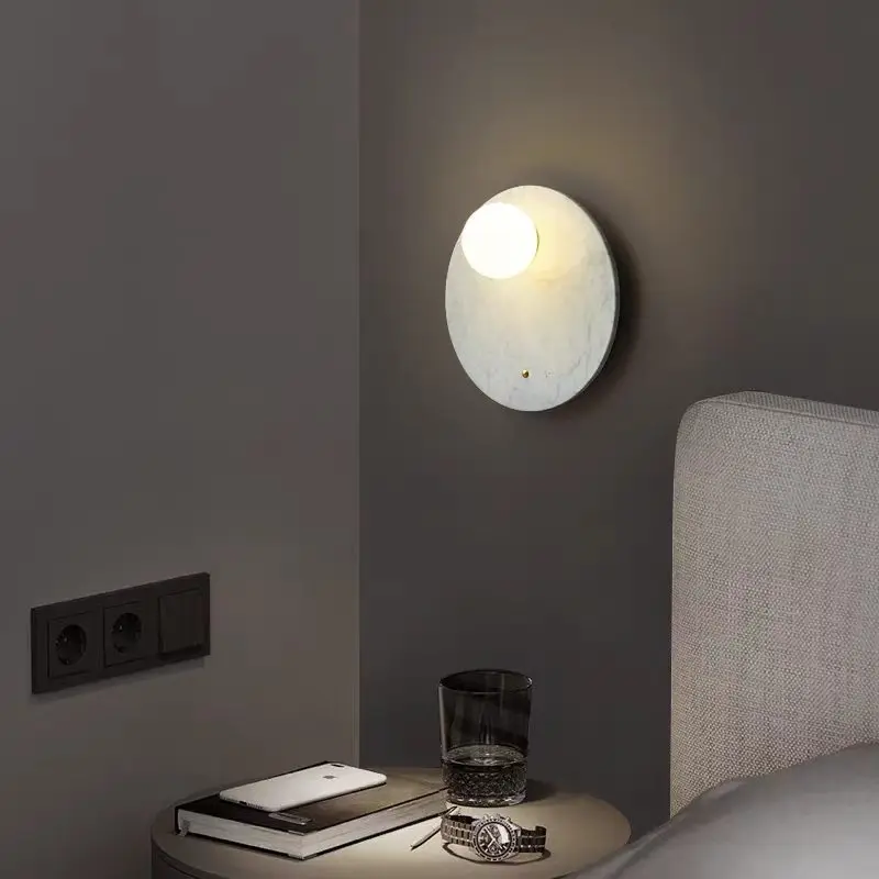 Minimalist Round Natural Marble & Glass Wall Sconce for Villa Hotel Corridor WC3019 2