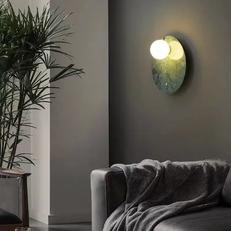 Minimalist Round Natural Marble & Glass Wall Sconce for Villa Hotel Corridor WC3019 4