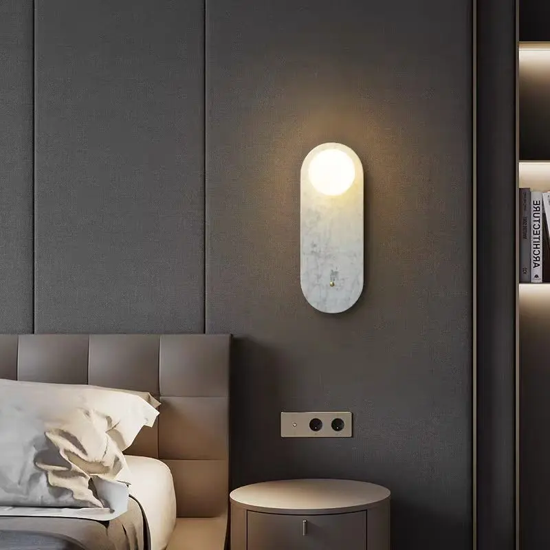 Minimalist Oval Natural Marble & Glass Wall Sconce for Villa Hotel Corridor WC3019 5