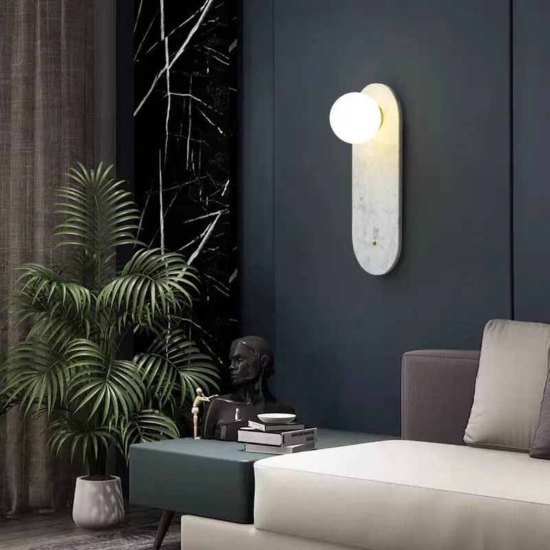 Minimalist Oval Natural Marble & Glass Wall Sconce for Villa Hotel Corridor WC3019 7