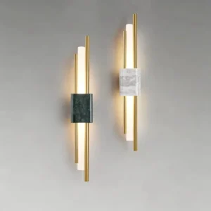 Minimalist Vertical Dual Rod Marble Brass Metal Linear Wall Sconce WC3021 1