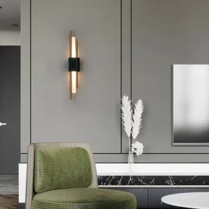 Minimalist Vertical Dual Rod Marble Brass Metal Linear Wall Sconce WC3021 2