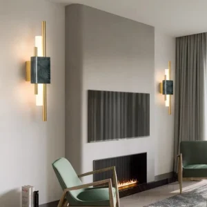 Minimalist Vertical Dual Rod Marble Brass Metal Linear Wall Sconce WC3021 3