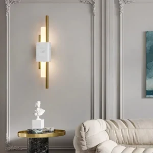 Minimalist Vertical Dual Rod Marble Brass Metal Linear Wall Sconce WC3021 4