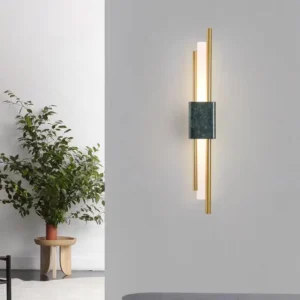 Minimalist Vertical Dual Rod Marble Brass Metal Linear Wall Sconce WC3021 5