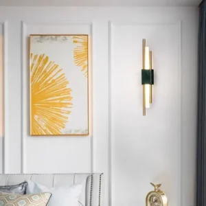 Minimalist Vertical Dual Rod Marble Brass Metal Linear Wall Sconce WC3021 6