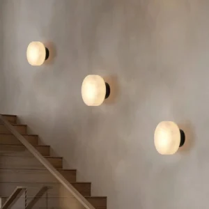 Minimalist Round Shape Alabaster With Matte Black Base Wall Sconce WD4006 1
