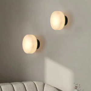 Minimalist Round Shape Alabaster With Matte Black Base Wall Sconce WD4006 2