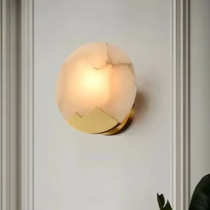 Organic Crack Round Alabaster With Faceted Cut Brass Metal Wall Lamp WD4007 1