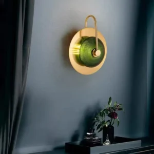 Round Brass Metal Curved Arm Mesh Textured Glass Wall Lamp WA1014 5