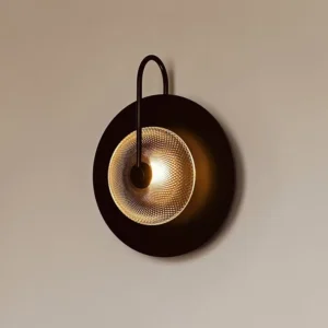 Minimalist Matte Black Disc Wall Sconce with Curved Arm Mesh Textured Glass WA1016 3