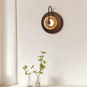 Minimalist Matte Black Disc Wall Sconce with Curved Arm Mesh Textured Glass WA1016 5
